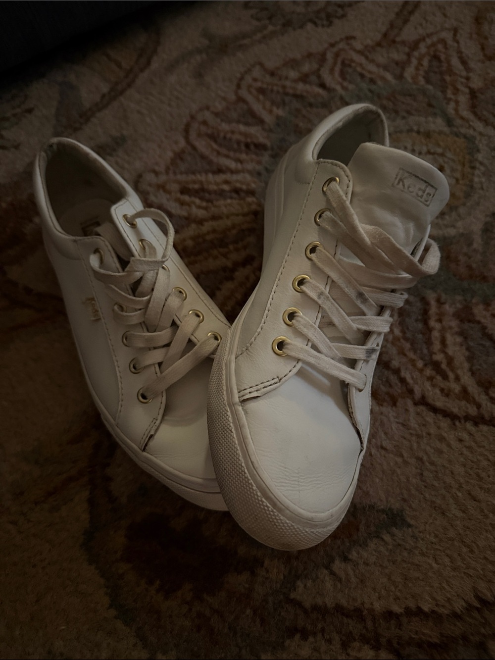 Keds Women's Cream-White Leather Sneakers with Gold Eyelets